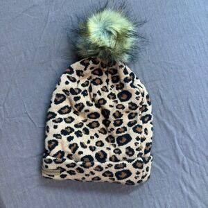 Catherine Malandrino Leopard Print Pom Pom‎ Beanie Hat Knit Cap Winter
